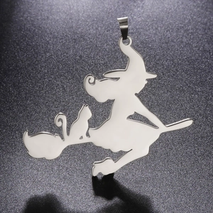 Detailed close-up of a silver stainless steel witch on broom with cat silhouette pendant