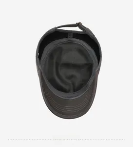 Close-up of the breathable mesh lining and adjustable metal buckle on a military flat top cap