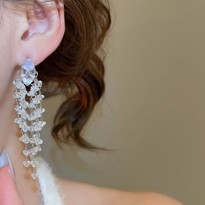 Close-up of dangling silver tassel earrings with marquise-cut zircons on a model