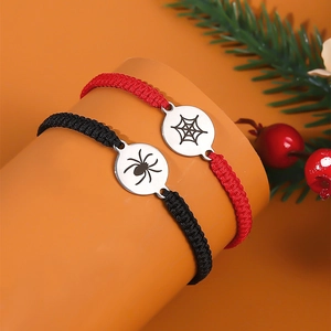 Adjustable woven bracelet set with stainless steel spider charms in black and red cord