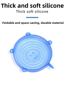 Detail of blue silicone food cover with smiley design and five pull tabs for easy sealing