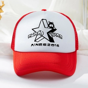 Red and white trucker hat with star print and breathable mesh design for sun protection
