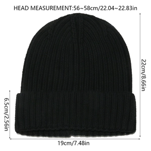 Detailed size chart for black ribbed knit beanie showing dimensions and head circumference