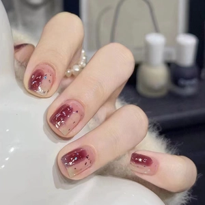 Short Square Press On Nails Red Brown Ombre Glossy Artificial Nails With Silver Glitter Elegant Daily Wear For Women