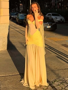 Sexy pale yellow off-shoulder long mesh dress with ruching and matching gloves