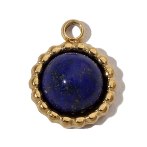 Detail of round gold pendant with blue natural stone and wavy edge texture