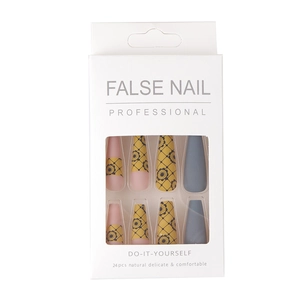 Matte long coffin fake nails set with grey, yellow floral lace patterns and 24 pieces