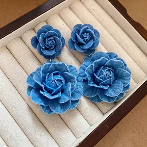 Chic blue denim fabric double-layered flower earrings with silver needles for women