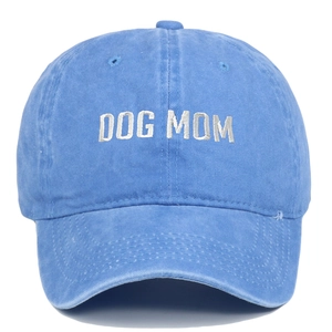 Vintage washed navy blue baseball cap with silver Dog Mom embroidery and breathable top