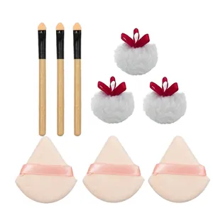 9-piece makeup set including teardrop brushes, plush puffs, and triangular sponge applicators