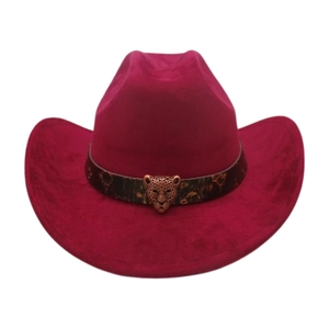 Cappello da cowboy magenta in finto scamosciato con fibbia a leopardo e cinturino