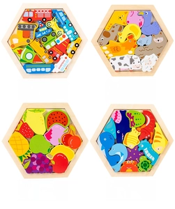 Detail of wooden hexagonal puzzle sets featuring vehicles, animals, and fruit themes