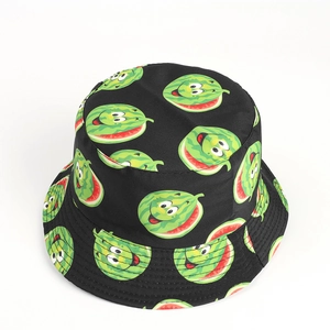 Close-up of black bucket hat featuring vivid cartoon watermelon prints on thick cotton canvas