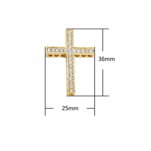 Golden cross pendant with white rhinestones, 36mm by 25mm dimensions shown on white background