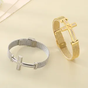 Cross Bracelet Stainless Steel Mesh Band Zircon Inlaid Fashion Watchband Style Jewelry For Women Men