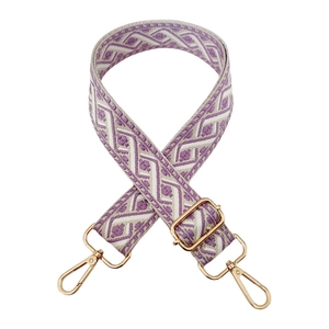 Detail view of 3.8cm purple jacquard wide bag strap with golden metal swivel hooks