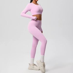 Detail of pink long-sleeve crop top and high-waist leggings on model in a studio setting