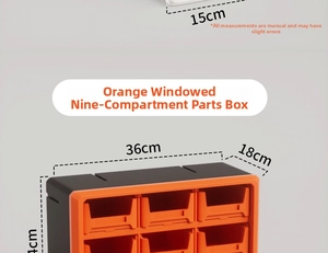 Detailed view of a 9-drawer orange and black tool storage box measuring 36x18x14cm