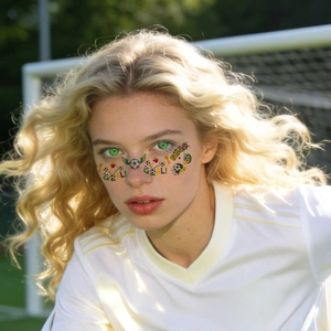 Gesichtsaufkleber für die WM 2026 mit Fußbällen und Trophäen auf einem Model