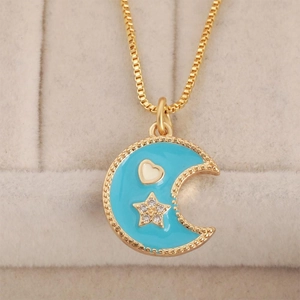 Gold-plated crescent moon pendant necklace with blue enamel, white heart and zircon star