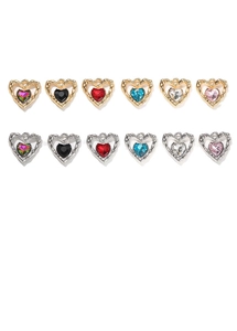 Detailed grid of heart-shaped alloy charms with colorful rhinestones in gold and silver