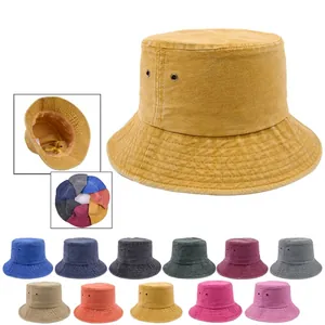 Washed Cotton Bucket Hat Retro Solid Color Wide Brim Sun Protection Outdoor Travel Hat With Metal Eyelets For Men Women