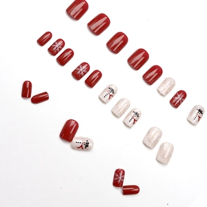 Christmas press-on nails set with red snowman and white snowflake patterns, 24 pieces