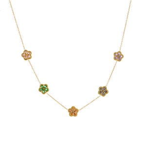 Gold-plated stainless steel necklace with five colorful cubic zirconia flower pendants