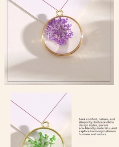 Detailed macro view of handmade circular resin flower pendants with gold alloy frame