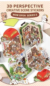 Detail of 2.5D landscape stickers featuring coffee house and camping cartoon themes