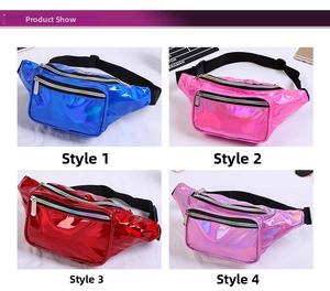 Detailed comparison of laser holographic fanny packs in four vibrant metallic colors