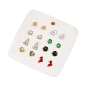 Fashionable 12-piece gold earring set featuring twist designs, pearls, and holiday charms