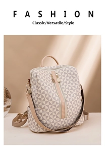 Detail of vintage geometric triangle pattern backpack with vertical metal zippers