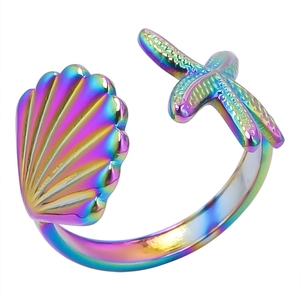 Iridescent starfish and seashell open adjustable stainless steel ring in colorful gradient