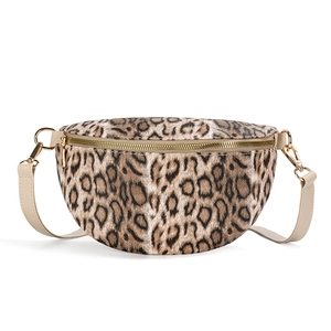 Fashionable leopard print waist bag for women with gold zippers and adjustable strap