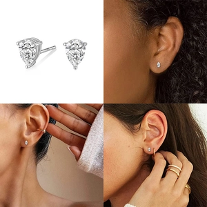 Detailed macro view and model showcase of S925 sterling silver pear-cut diamond stud earrings