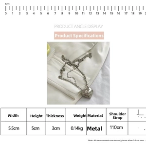 Detail specifications list for small heart bag with metal chain strap and dimensions
