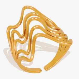 Irregular wave geometry 18k gold plated stainless steel open ring with minimalist lines