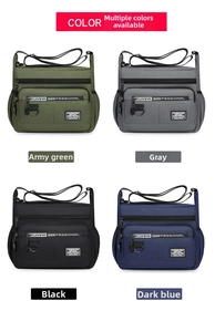 Close-up of four nylon messenger bags in green, grey, black, and blue with utility straps
