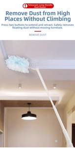 Detail of extendable duster pole with microfiber head for cleaning high ceilings and corners