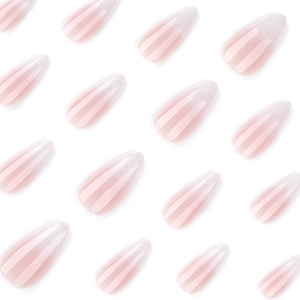 Pink gradient almond press-on nails with fine glitter finish on a white background