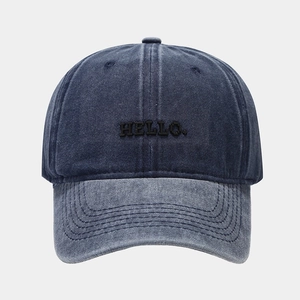 Vintage washed navy and blue baseball cap with HELLO 3D embroidery on front