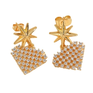 Golden heart and star earrings with pavé white cubic zirconia for women