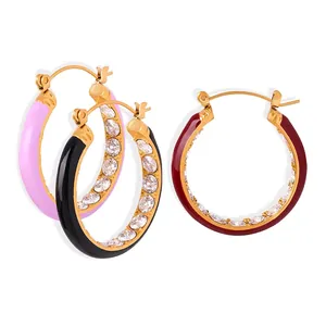 Vintage Enamel Titanium Steel Hoop Earrings With Zirconia Inlaid Colorful C-Shaped Gold Plated Earrings For Women Jewelry