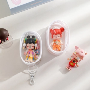 Macro shot of clear PVC display pouch for figurines with metal keychain and cute dolls