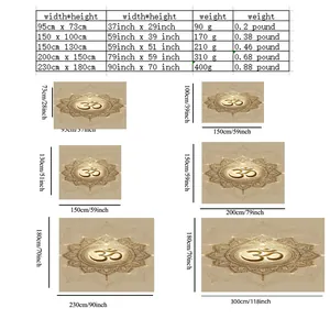 Size chart table for mandala wall tapestry showing dimensions and weight in cm and inch