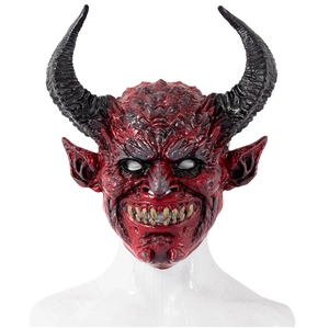 Red Halloween devil mask with black long horns and fangs on a mannequin head