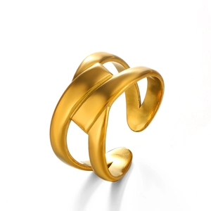 Polished gold-tone titanium steel criss-cross ring with an adjustable open design