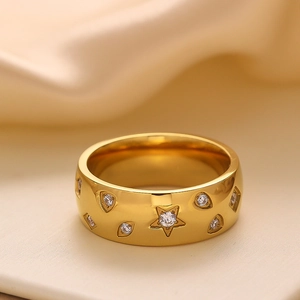 Wide 18k gold-plated stainless steel ring with star-patterned sparkling zircon stones