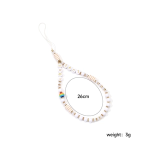 Detail of beaded phone wrist strap with LOVE charms and length measurement of 26cm